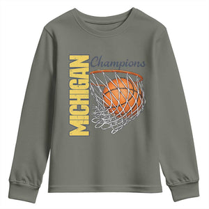 Vintage Michigan Hoops Pride Youth Sweatshirt Retro Blue And Gold Champions Victory Graphic Sports Fan TS12 Military Green Print Your Wear
