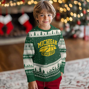Michigan Never Stops Ugly Christmas Sweater Great Lakes State Basketball Pride Gift TS12 Forest Green Beige Print Your Wear