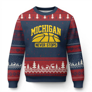 Michigan Never Stops Ugly Christmas Sweater Great Lakes State Basketball Pride Gift TS12 Navy Red Print Your Wear