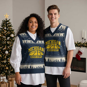 Michigan Never Stops V-Neck Knit Sweater Vest Great Lakes State Basketball Pride Gift TS12 Navy Beige Print Your Wear