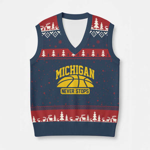 Michigan Never Stops V-Neck Knit Sweater Vest Great Lakes State Basketball Pride Gift TS12 Navy Red Print Your Wear