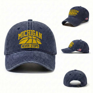 Michigan Never Stops Washed Cotton Baseball Cap Great Lakes State Basketball Pride Gift TS12 Washed Cap Universal Fit Navy Print Your Wear