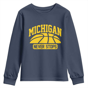 Michigan Never Stops Youth Sweatshirt Great Lakes State Basketball Pride Gift TS12 Navy Print Your Wear