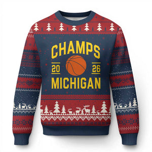 Michigan Hoops Champions Graphic Ugly Christmas Sweater 2026 Basketball Victory Pride TS12 Navy Red Print Your Wear