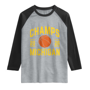 Michigan Hoops Champions Graphic Raglan Shirt 2026 Basketball Victory Pride TS12 Heather Gray Black Print Your Wear