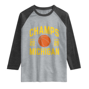 Michigan Hoops Champions Graphic Raglan Shirt 2026 Basketball Victory Pride TS12 Heather Gray Heather Charcoal Print Your Wear