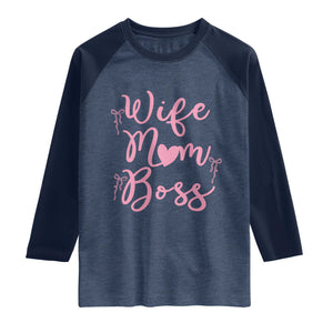 Funny Wife Mom Boss Raglan Shirt Girly Pink Bows Mothers Day Gift TS12 Heather Denim Navy Print Your Wear
