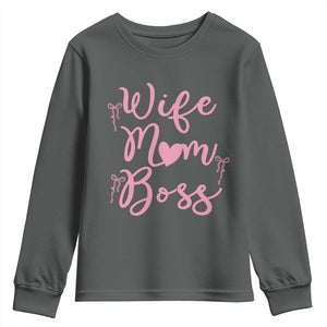 Funny Wife Mom Boss Youth Sweatshirt Girly Pink Bows Mothers Day Gift TS12 Dark Heather Print Your Wear
