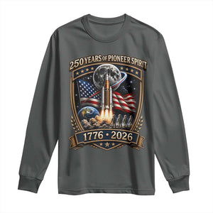 Astronaut 250 Years Of Pioneer Spirit Long Sleeve Shirt Patriotic Astronaut Graphic Gift TS12 Dark Heather Print Your Wear