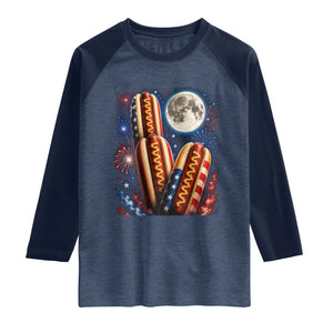 4th Of July Hotdog Fireworks Raglan Shirt American Food Lovers TS12 Heather Denim Navy Print Your Wear