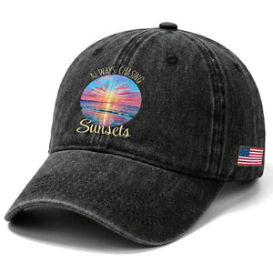 Always Chasing Sunsets Washed Cotton Baseball Cap Summer Vacation Travel Gift