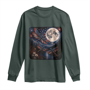American Flag Dragonfly Patriotic 4th Of July Long Sleeve Shirt TS12 Dark Forest Green Print Your Wear