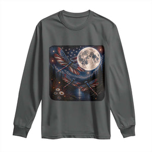 American Flag Dragonfly Patriotic 4th Of July Long Sleeve Shirt TS12 Dark Heather Print Your Wear