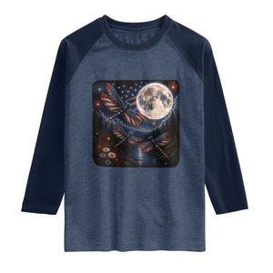 American Flag Dragonfly Patriotic 4th Of July Raglan Shirt TS12 Heather Denim Navy Print Your Wear