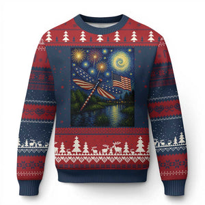Patriotic Dragonfly Starry Night Swirls Ugly Christmas Sweater Nature Lovers TS12 Navy Red Print Your Wear