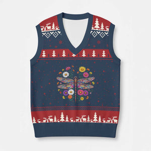 Boho Floral Spring Dragonfly V-Neck Knit Sweater Vest Colorful Mosaic Insect TS12 Navy Red Print Your Wear