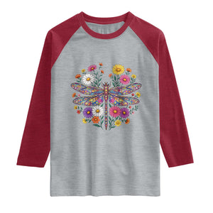 Boho Floral Spring Dragonfly Raglan Shirt Colorful Mosaic Insect TS12 Heather Gray Heather Red Print Your Wear