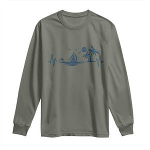 Summer Vacation Heartbeat Pulse Sunset Silhouette Long Sleeve Shirt Tropical Island Lover TS12 Military Green Print Your Wear