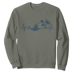 Summer Vacation Heartbeat Pulse Sunset Silhouette Sweatshirt Tropical Island Lover TS12 Military Green Print Your Wear