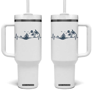 Summer Vacation Heartbeat Pulse Sunset Silhouette Tumbler With Handle Tropical Island Lover TS12 One Size: 40 oz White Print Your Wear