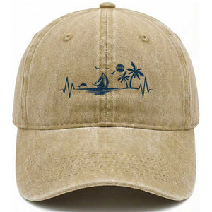 Summer Vacation Heartbeat Pulse Sunset Silhouette Washed Cotton Baseball Cap Tropical Island Lover TS12 Print Your Wear