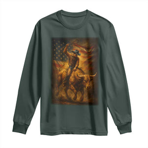 Patriotic Cowboy Long Sleeve Shirt American Bucking Bull Rider USA Rodeo Art TS12 Dark Forest Green Print Your Wear