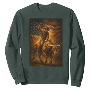 Patriotic Cowboy Sweatshirt American Bucking Bull Rider USA Rodeo Art TS12 Dark Forest Green Print Your Wear