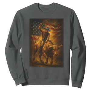 Patriotic Cowboy Sweatshirt American Bucking Bull Rider USA Rodeo Art TS12 Dark Heather Print Your Wear