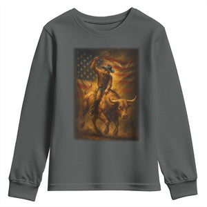 Patriotic Cowboy Youth Sweatshirt American Bucking Bull Rider USA Rodeo Art TS12 Dark Heather Print Your Wear