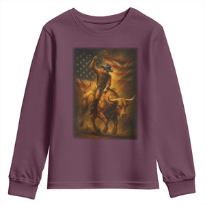 Patriotic Cowboy Youth Sweatshirt American Bucking Bull Rider USA Rodeo Art TS12 Maroon Print Your Wear