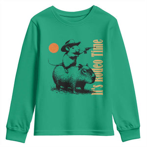 It Is Rodeo Time Youth Sweatshirt Funny Wild West Mouse Riding Capybara TS12 Irish Green Print Your Wear