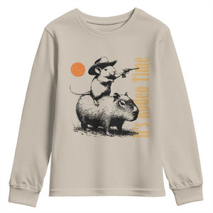 It Is Rodeo Time Youth Sweatshirt Funny Wild West Mouse Riding Capybara TS12 Sand Print Your Wear