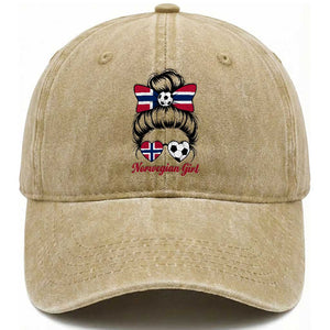 Norwegian Soccer Girl Washed Cotton Baseball Cap Messy Bun Sunglasses Football Fan TS12 Print Your Wear