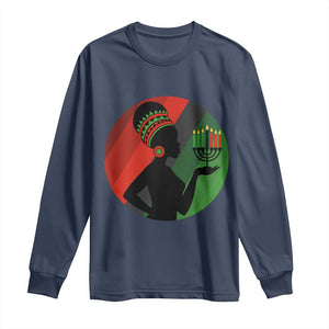 African Woman With Kinara Long Sleeve Shirt Happy Kwanzaa Cultural Pride Gift TS12 Navy Print Your Wear