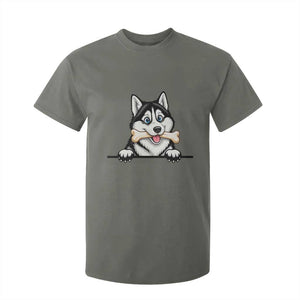 Cute Siberian Husky Puppy T Shirt For Kid Chewing Bone Meme TS12 Military Green Print Your Wear