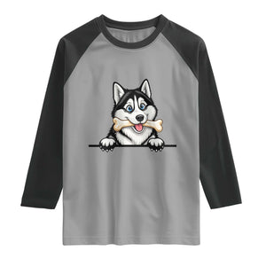 Cute Siberian Husky Puppy Raglan Shirt Chewing Bone Meme TS12 Sport Gray Black Print Your Wear