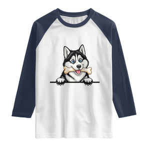Cute Siberian Husky Puppy Raglan Shirt Chewing Bone Meme TS12 White Navy Print Your Wear