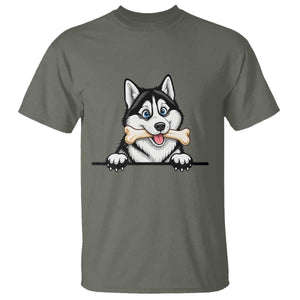 Cute Siberian Husky Puppy T Shirt Chewing Bone Meme TS12 Military Green Print Your Wear