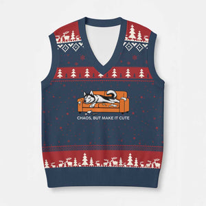 Mischievous Husky Owner Gift V-Neck Knit Sweater Vest Chaos But Make It Cute TS12 Navy Red Print Your Wear