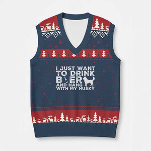 Drink Beer And Hang With My Husky V-Neck Knit Sweater Vest Funny Dog Lover TS12 Navy Red Print Your Wear
