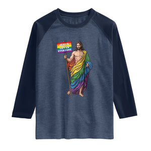 Christian LGBTQ Support Raglan Shirt Jesus Loves Everyone TS12 Heather Denim Navy Print Your Wear
