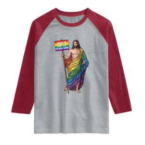 Christian LGBTQ Support Raglan Shirt Jesus Loves Everyone TS12 Heather Gray Heather Red Print Your Wear