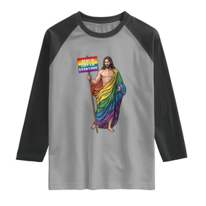 Christian LGBTQ Support Raglan Shirt Jesus Loves Everyone TS12 Sport Gray Black Print Your Wear