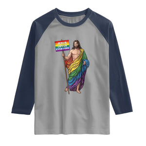Christian LGBTQ Support Raglan Shirt Jesus Loves Everyone TS12 Sport Gray Navy Print Your Wear