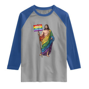Christian LGBTQ Support Raglan Shirt Jesus Loves Everyone TS12 Sport Gray Royal Print Your Wear