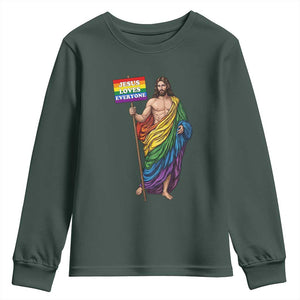 Christian LGBTQ Support Youth Sweatshirt Jesus Loves Everyone TS12 Dark Forest Green Print Your Wear