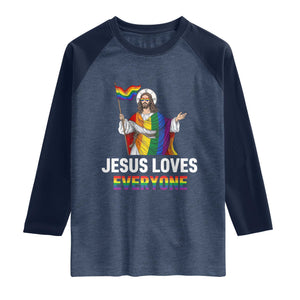 Funny Rainbow Jesus Loves Everyone Raglan Shirt Religious LGBTQ Support TS12 Heather Denim Navy Print Your Wear