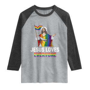 Funny Rainbow Jesus Loves Everyone Raglan Shirt Religious LGBTQ Support TS12 Heather Gray Heather Charcoal Print Your Wear