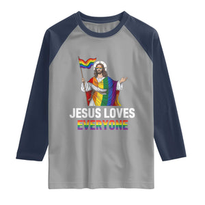 Funny Rainbow Jesus Loves Everyone Raglan Shirt Religious LGBTQ Support TS12 Sport Gray Navy Print Your Wear