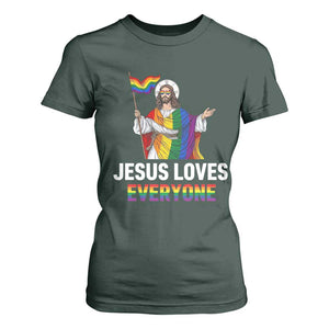 Funny Rainbow Jesus Loves Everyone T Shirt For Women Religious LGBTQ Support TS12 Dark Forest Green Print Your Wear